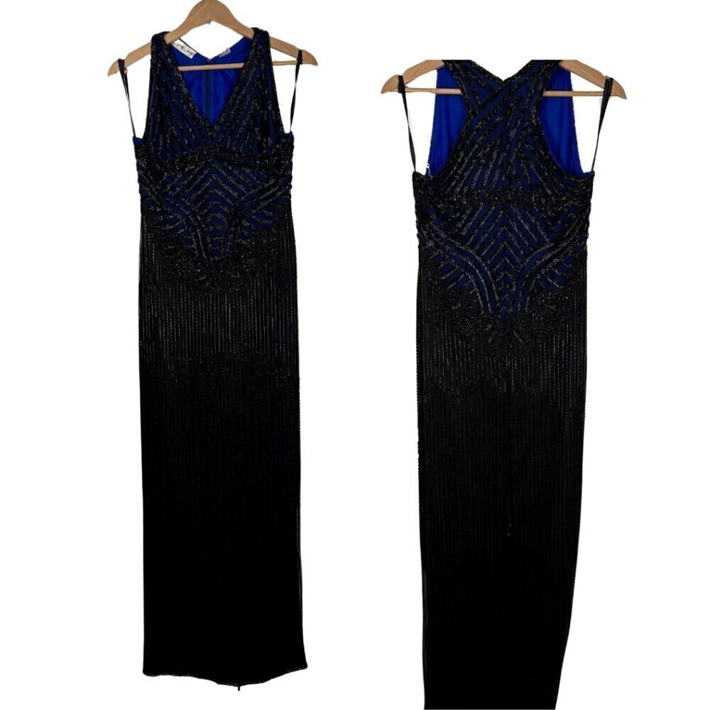 SCALA 100% Pure Silk Royal Blue and Black Fully Beaded Vintage Evening Gown Sz:S